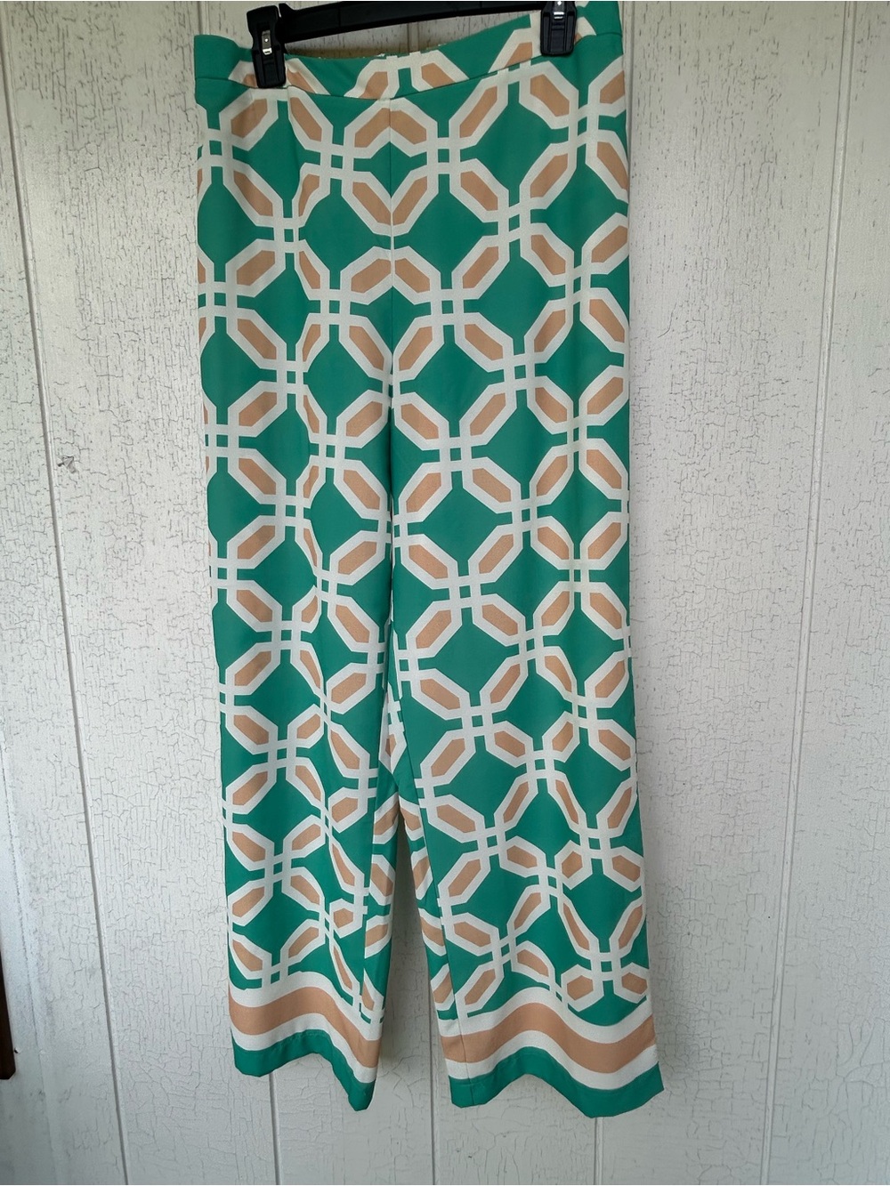 Jade by Melody Tam Emerald Geometric Wide-Leg Pants with Cream & Tan Accents